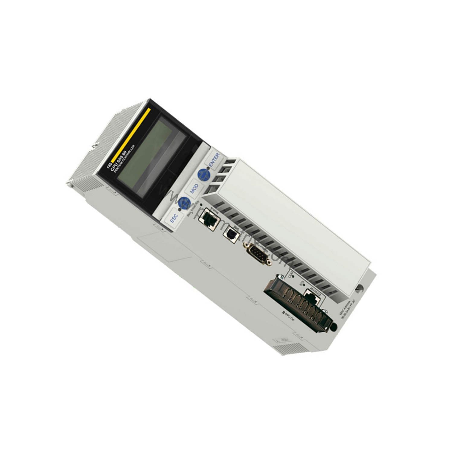 Figure 2: Technical layout and connection details for the Schneider 140CPU65860 industrial automation component.