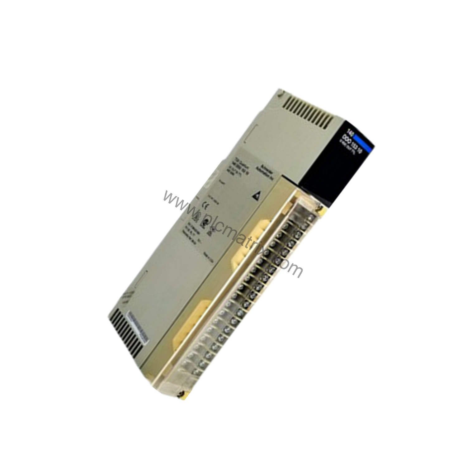 Figure 2: Technical layout and connection details for the Schneider 140DDO15310C industrial automation component.