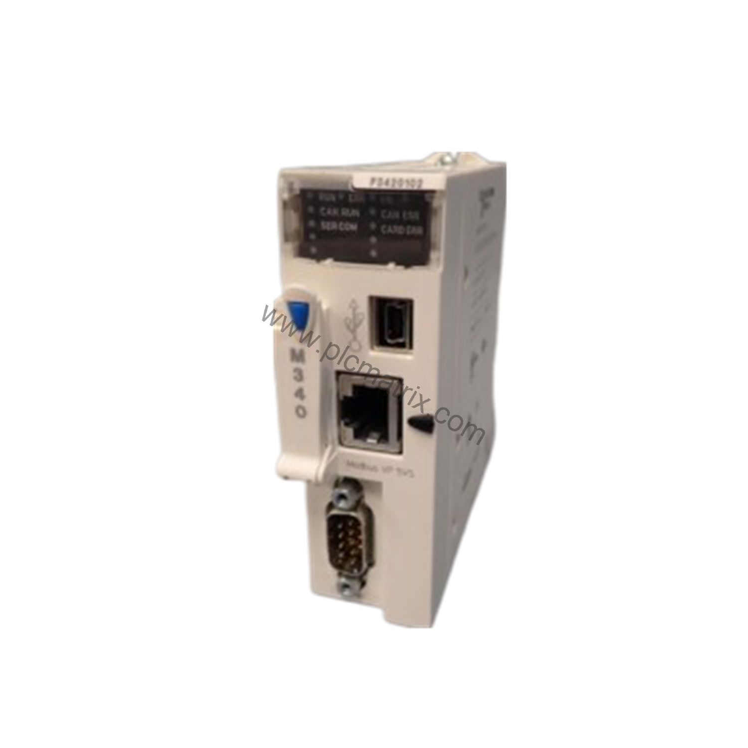 Figure 2: Technical layout and connection details for the Schneider BMXP3420102 industrial automation component.