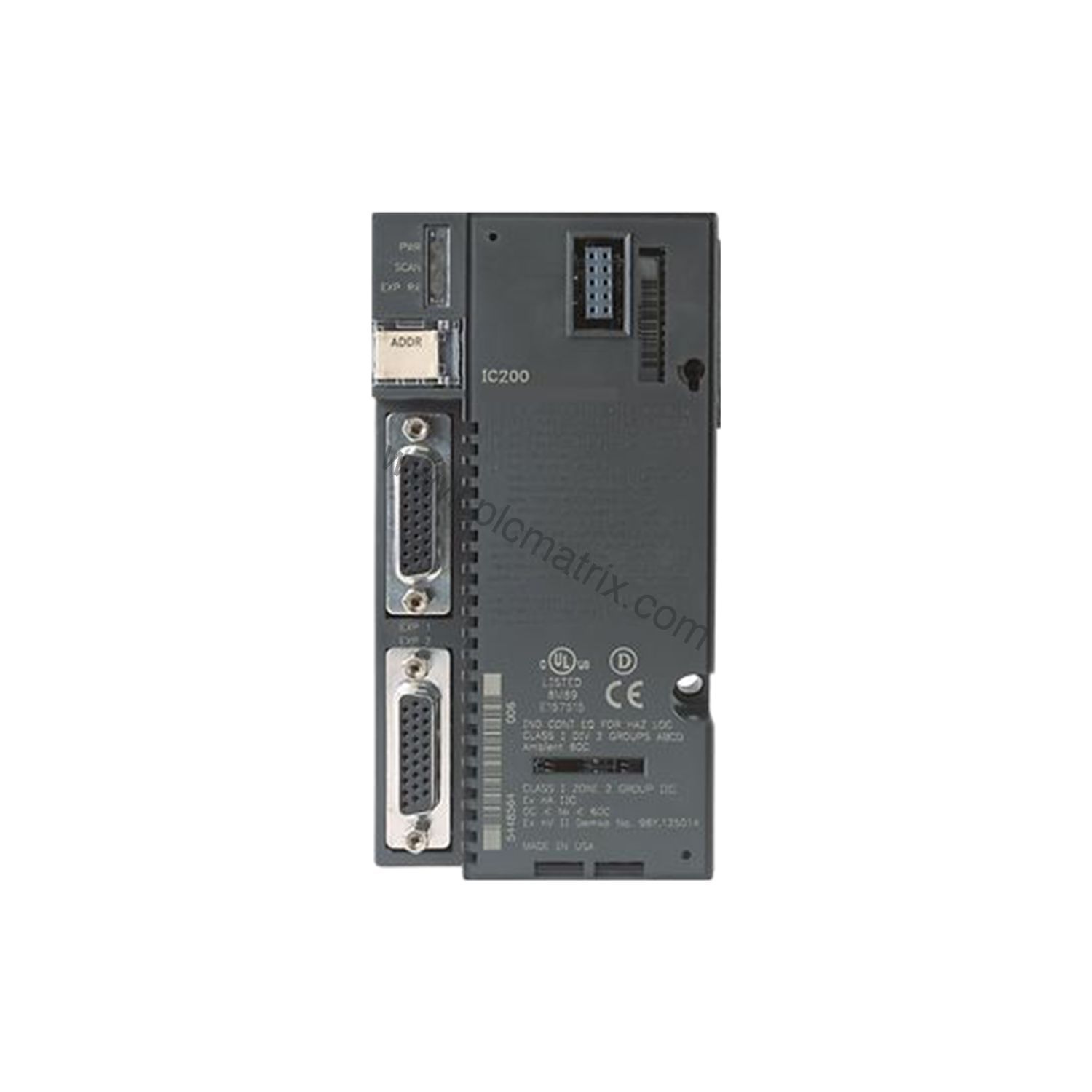 Figure 2: Technical layout and connection details for the GE IC200ETM001 industrial automation component.