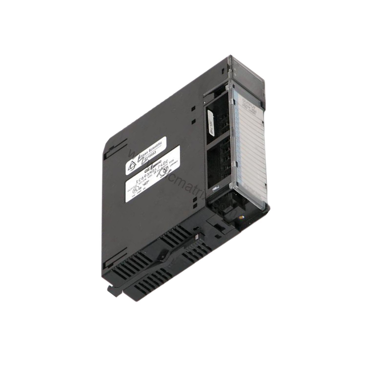 Figure 2: Technical layout and connection details for the GE IC693MDL740 industrial automation component.